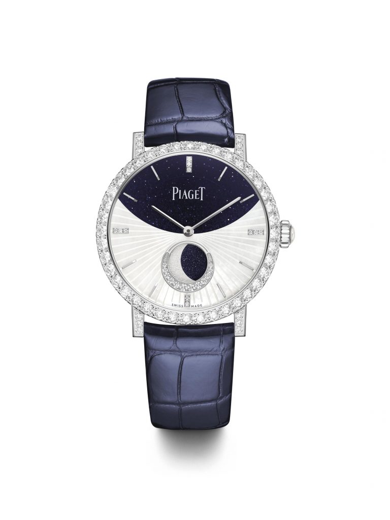 Altiplano Moonphase 36mm white gold on leather strap Set bezel with precious brilliant-cut diamonds White engraved mother-of-pearl and aventurine glass dial with moonphase with Superluminova 580P self-winding movement Hours, Minutes, Moonphase